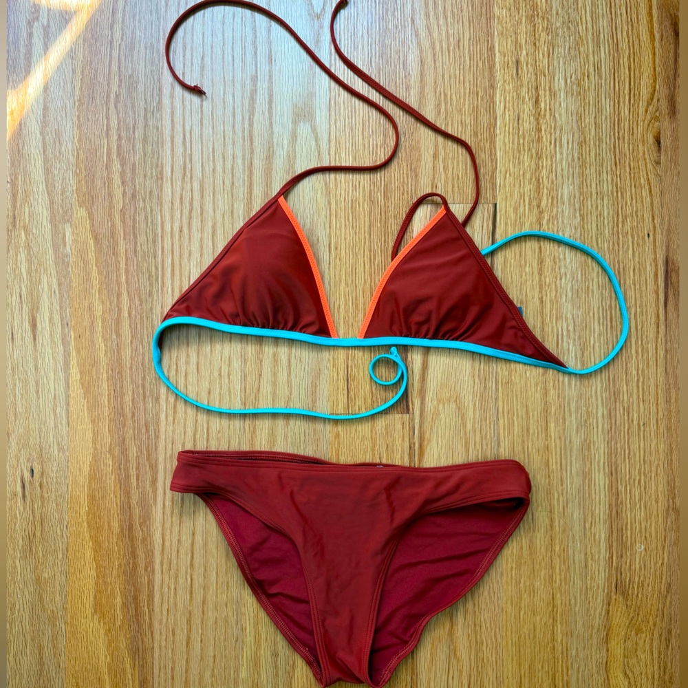 Aerie Multicolor Bikini Burnt Orange/Maroon with Turquoise and Orange Trim Small